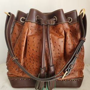 Dooney and Bourke Florentine Leather Ostrich Drawstring Shoulder Bucket Bag